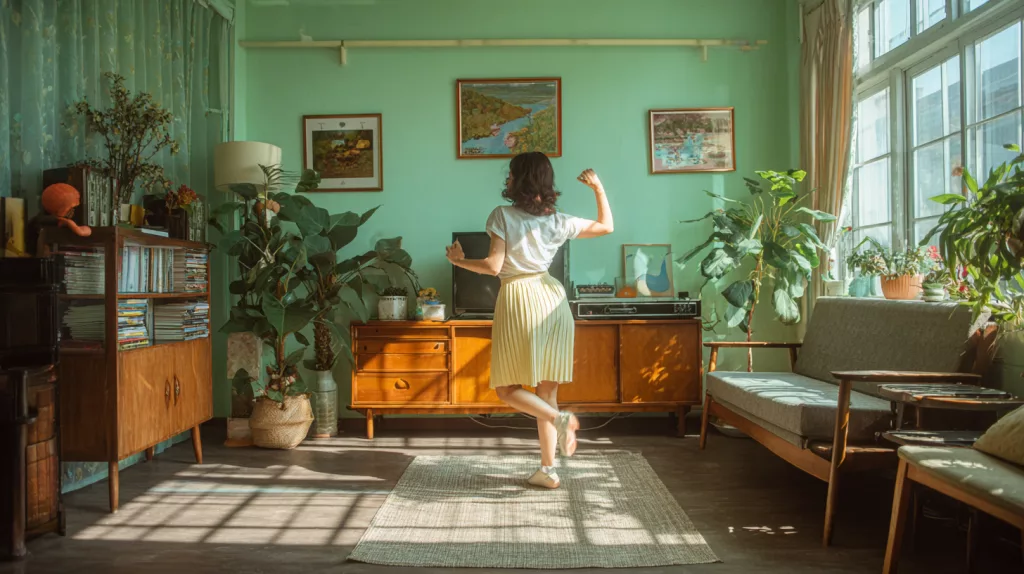 Bien-être dans une maison rangée : femme épanouie dans son salon organisé