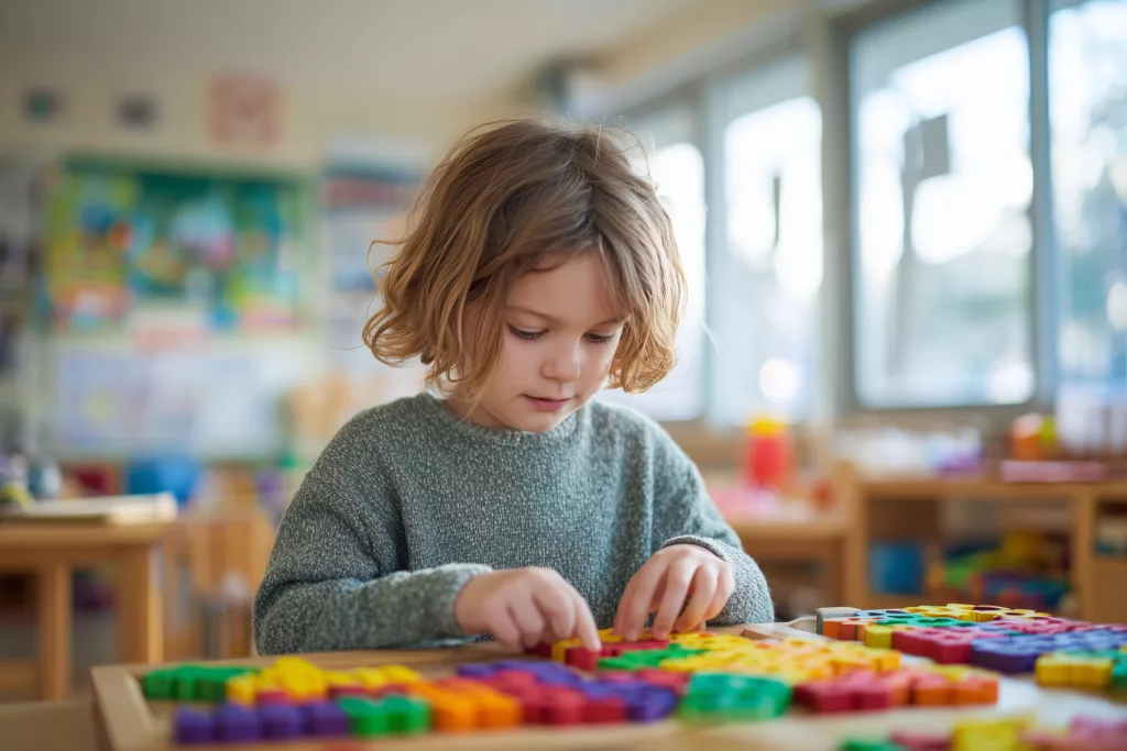 Enfant d'âge préscolaire manipulant un puzzle éducatif coloré en classe, démontrant l'apprentissage par le jeu et le développement cognitif adapté aux troubles neurodéveloppementaux