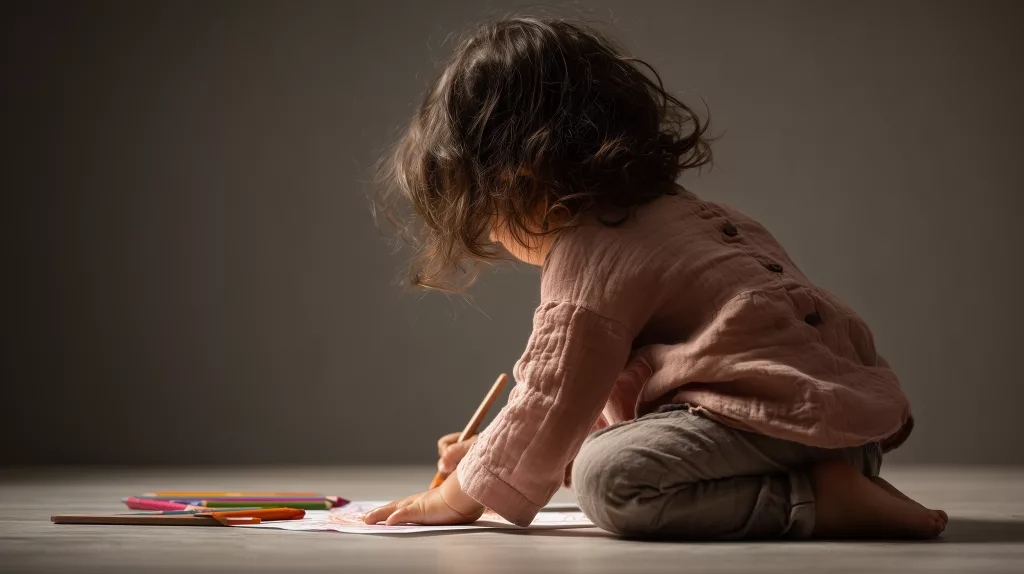 Jeune enfant assis au sol concentré sur une activité de dessin avec des crayons de couleur, illustrant le développement de la motricité fine et de la concentration chez les enfants avec TND