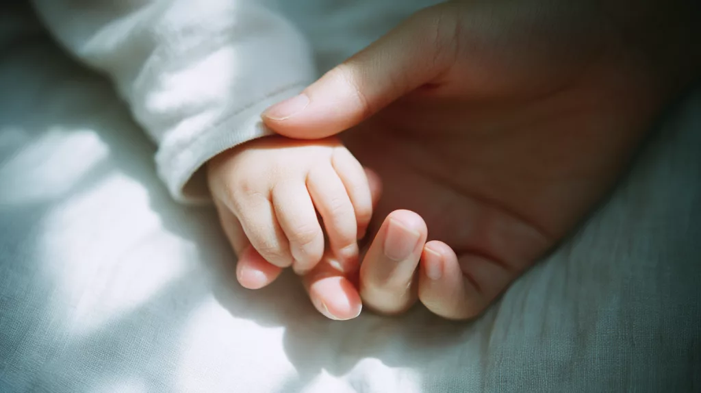 Petite main de nouveau-né agrippant délicatement le doigt de sa maman, symbolisant le lien parent-enfant soutenu par le Kit Parentalité 2025