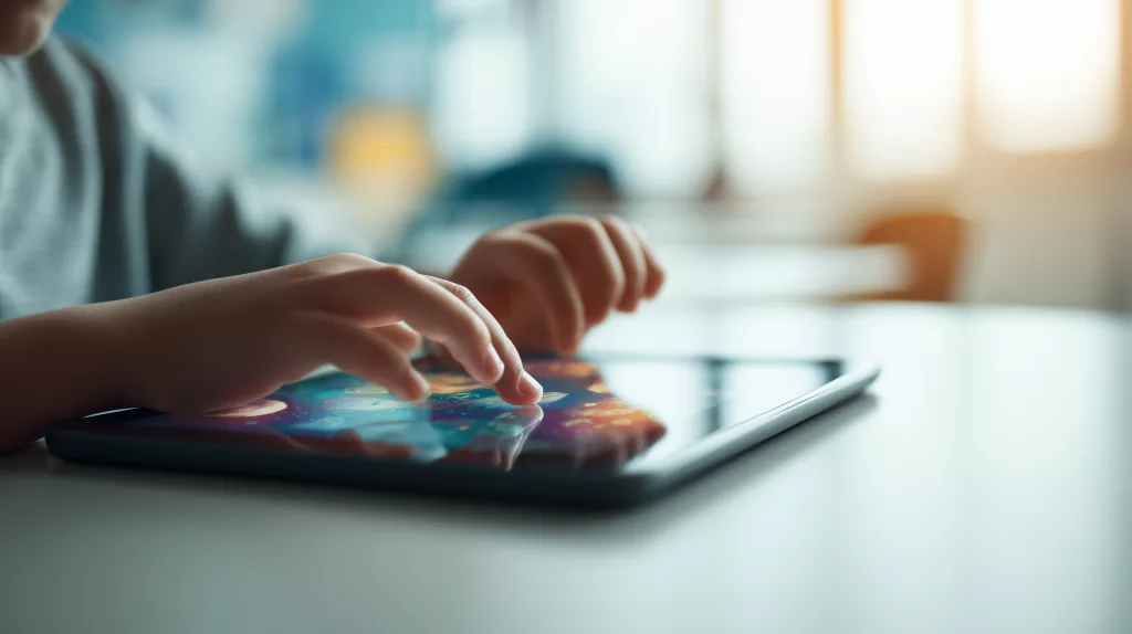  Mains d'enfant utilisant une application CAA sur tablette avec pictogrammes colorés pour apprendre à communiquer