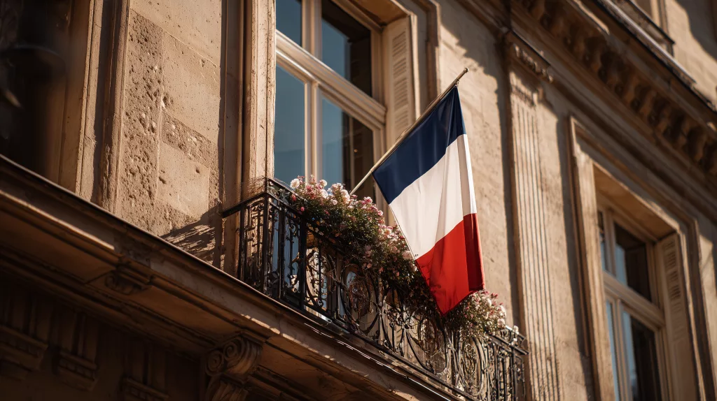 Drapeau tricolore sur le balcon fleuri d'un immeuble haussmannien parisien, représentant l'accessibilité des services TND sur tout le territoire français