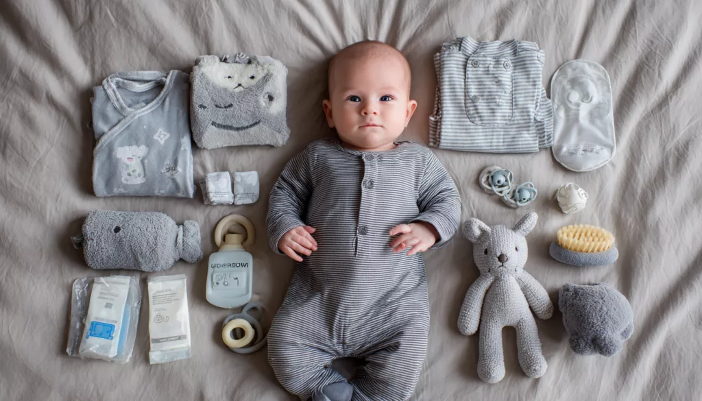 Nouveau-né entouré d'articles de puériculture essentiels : vêtements, doudous, accessoires de soin et jouets d'éveil inclus dans le Kit Parentalité