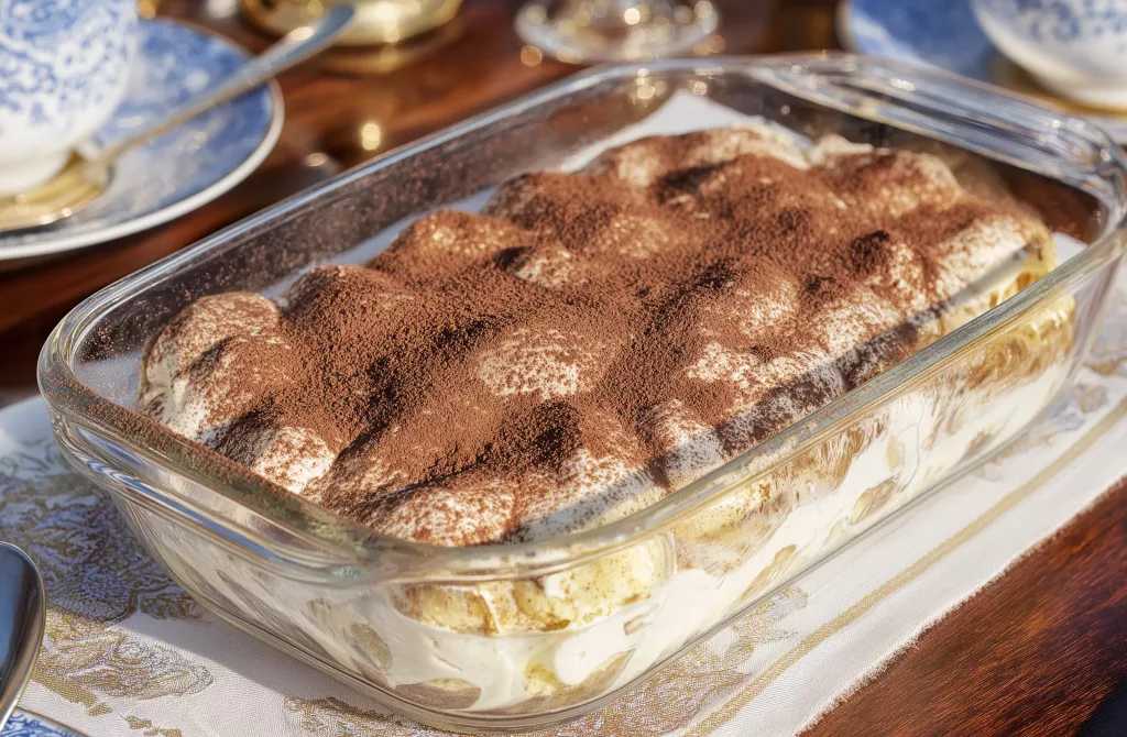 Tiramisu dans un plat en ver type Pirex