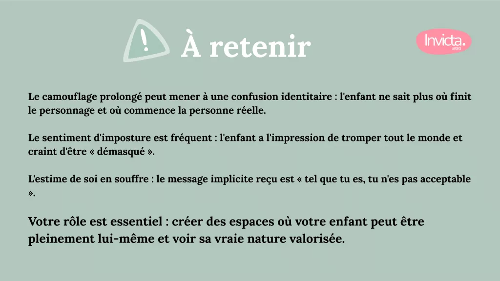 Infographie sur la crise d’identité liée au camouflage chez l’enfant autiste, montrant la confusion entre personnage social et identité réelle, le sentiment d’imposture et la baisse de l’estime de soi.
