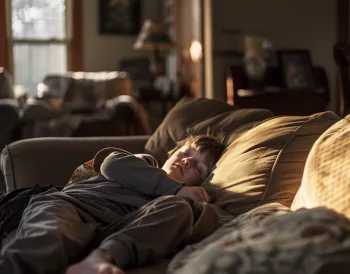 Illustration douce en tons pastel montrant le burnout autistique chez l’enfant, lié au camouflage prolongé, avec une fatigue invisible mais sans détresse apparente.