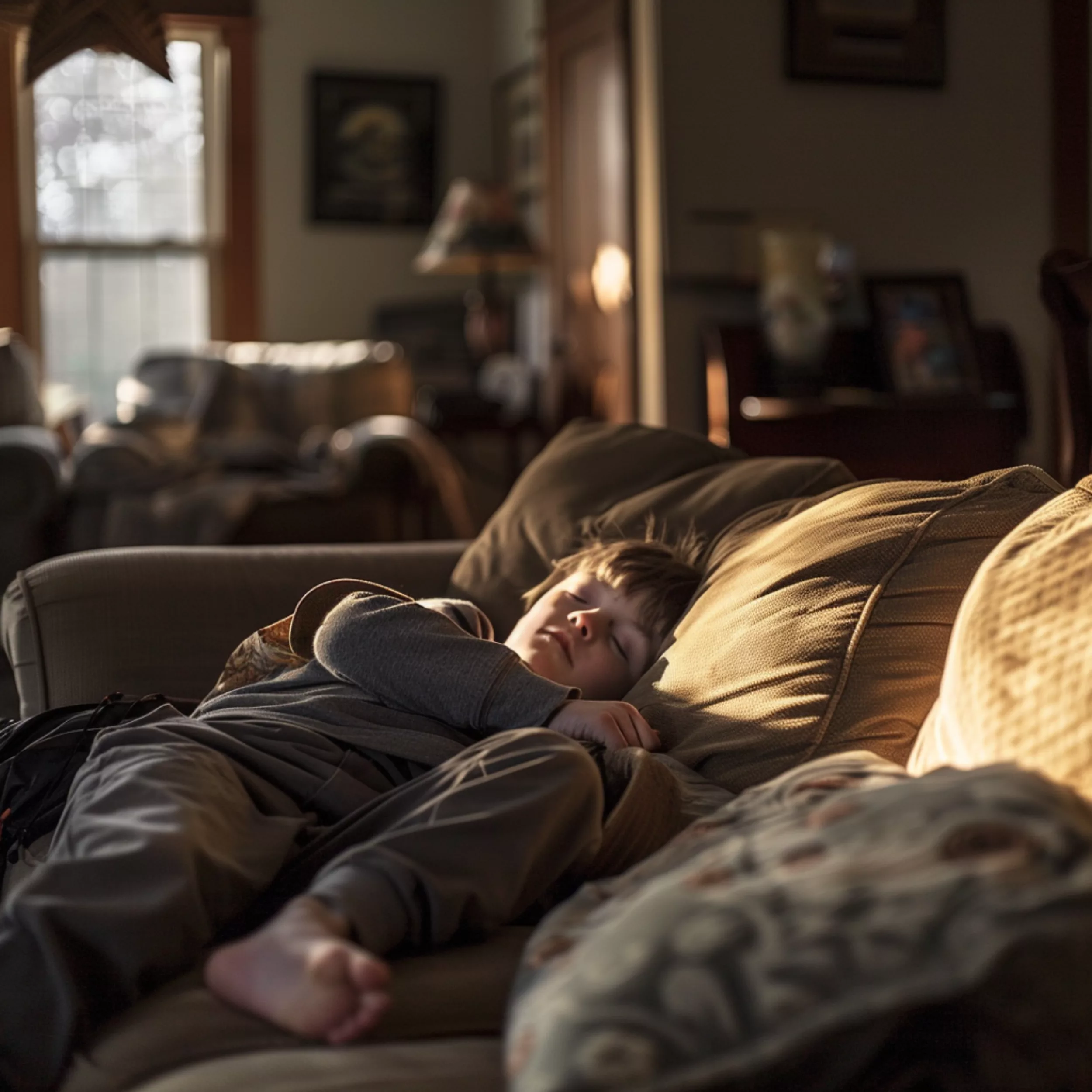 Illustration douce en tons pastel montrant le burnout autistique chez l’enfant, lié au camouflage prolongé, avec une fatigue invisible mais sans détresse apparente.