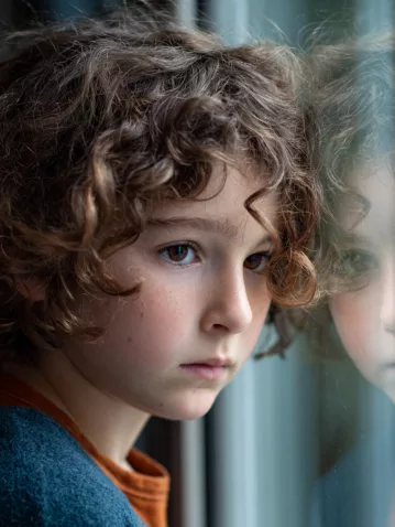 Illustration en couleurs neutres représentant la crise d’identité chez l’enfant, liée au camouflage, à travers un moment calme de questionnement intérieur.