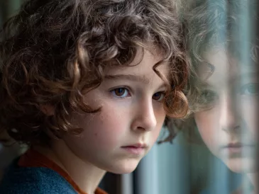 Illustration en couleurs neutres représentant la crise d’identité chez l’enfant, liée au camouflage, à travers un moment calme de questionnement intérieur.