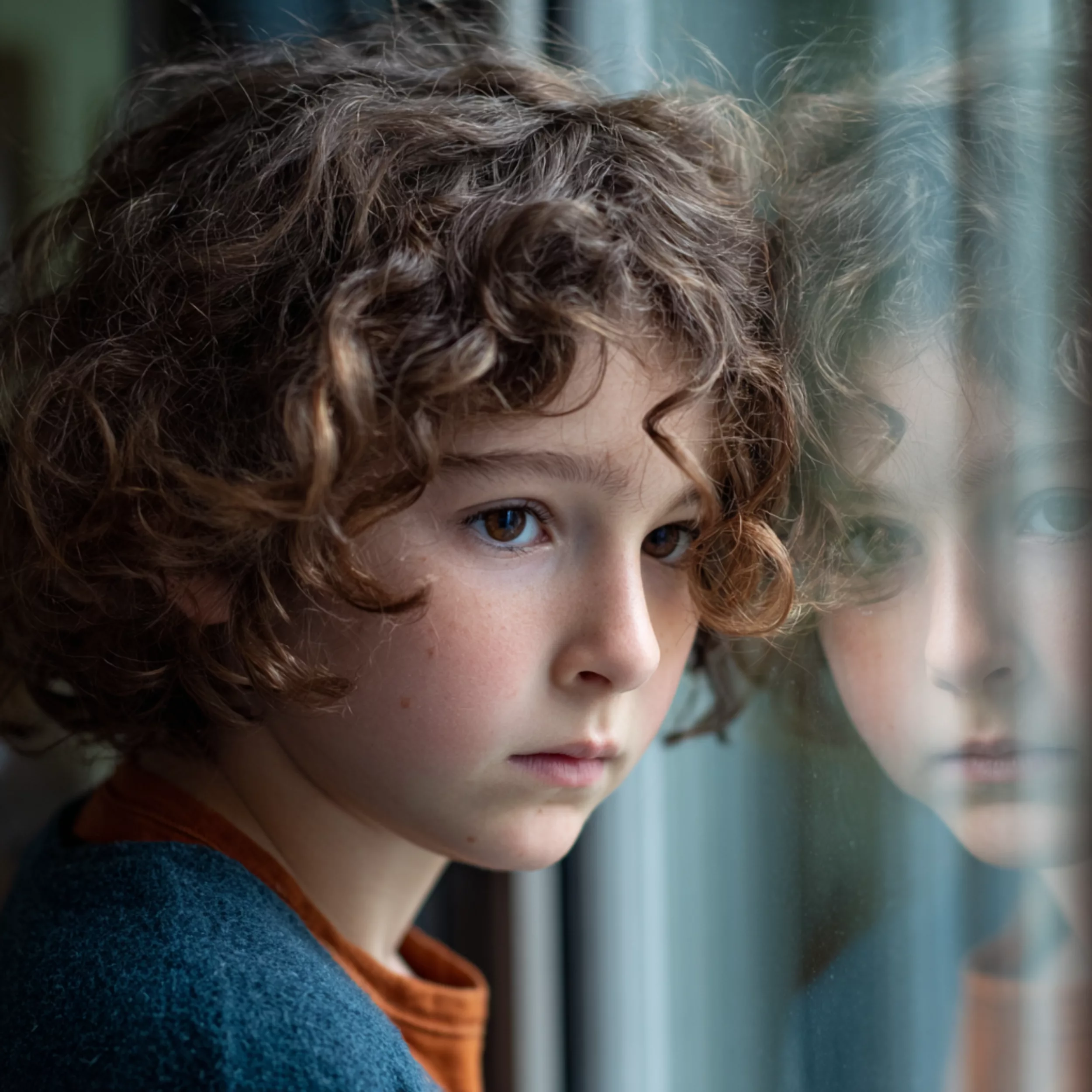 Illustration en couleurs neutres représentant la crise d’identité chez l’enfant, liée au camouflage, à travers un moment calme de questionnement intérieur.