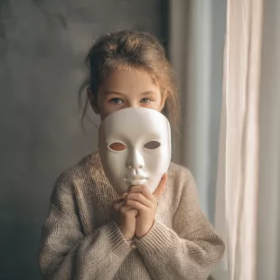 Fille autiste tenant un masque blanc devant son visage, regard sérieux, illustrant le camouflage des difficultés et des émotions vécues à l’école, dans une atmosphère calme et introspective. Filles autistes
