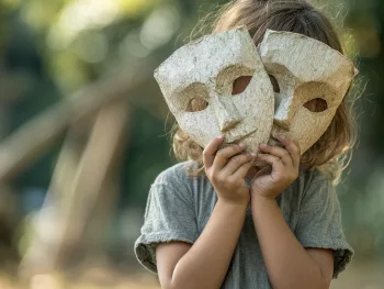 Enfant dans un parc tenant des masques de théâtre devant son visage, illustrant le masquage et l’adaptation sociale.