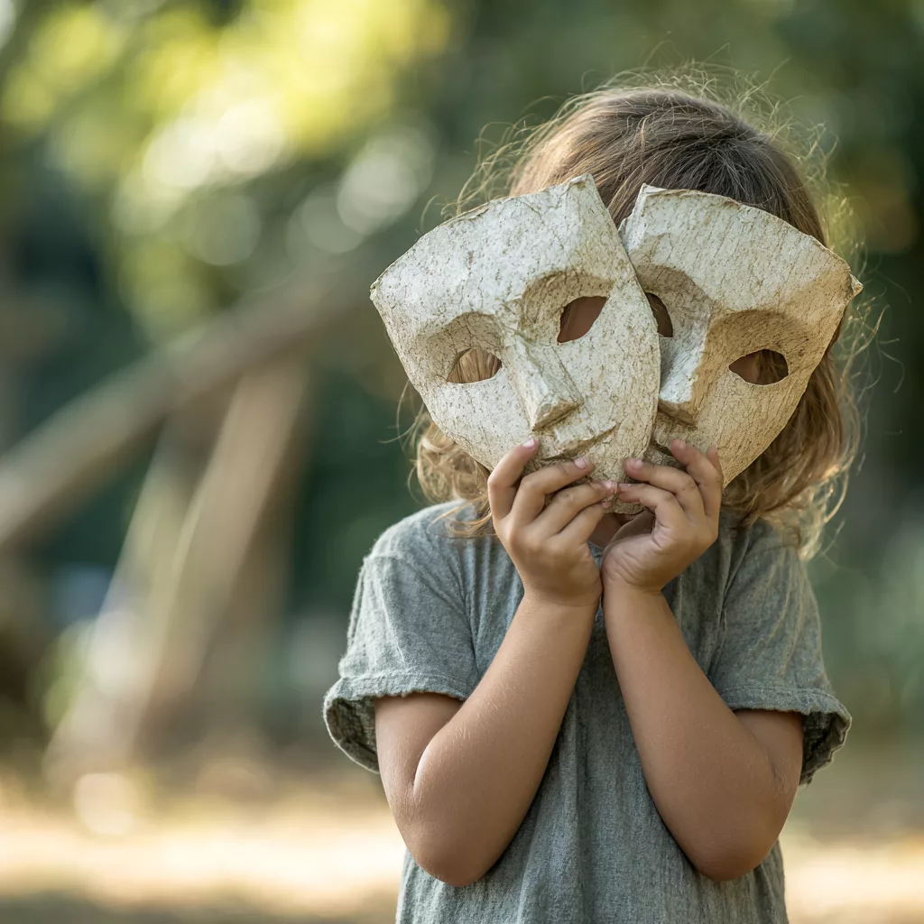 Enfant dans un parc tenant des masques de théâtre devant son visage, illustrant le masquage et l’adaptation sociale.