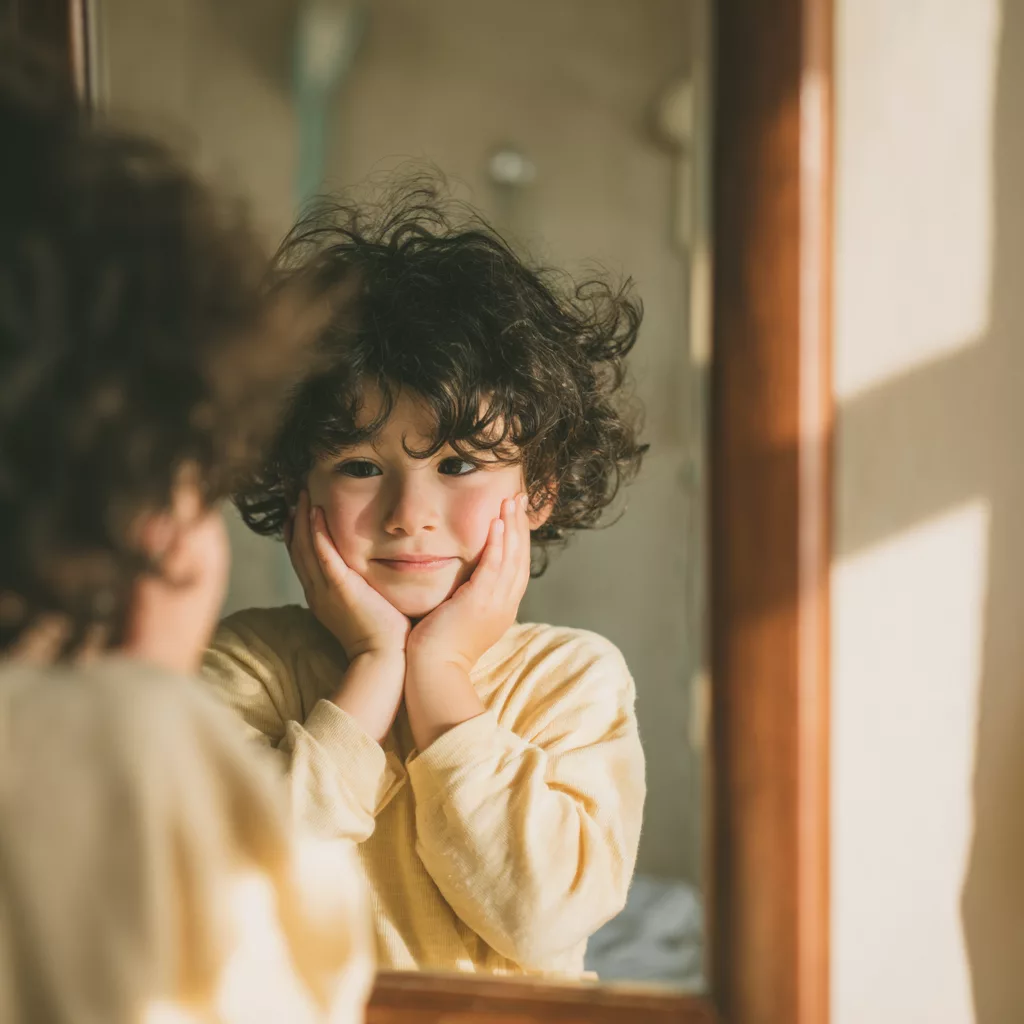 Enfant face à un miroir, testant des expressions du visage, illustrant le camouflage autistique.