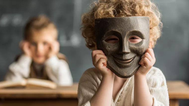 Enfant assis à son bureau à l’école portant un masque souriant, illustrant le camouflage autistique et le contraste entre l’apparence attendue en classe et le vécu intérieur.