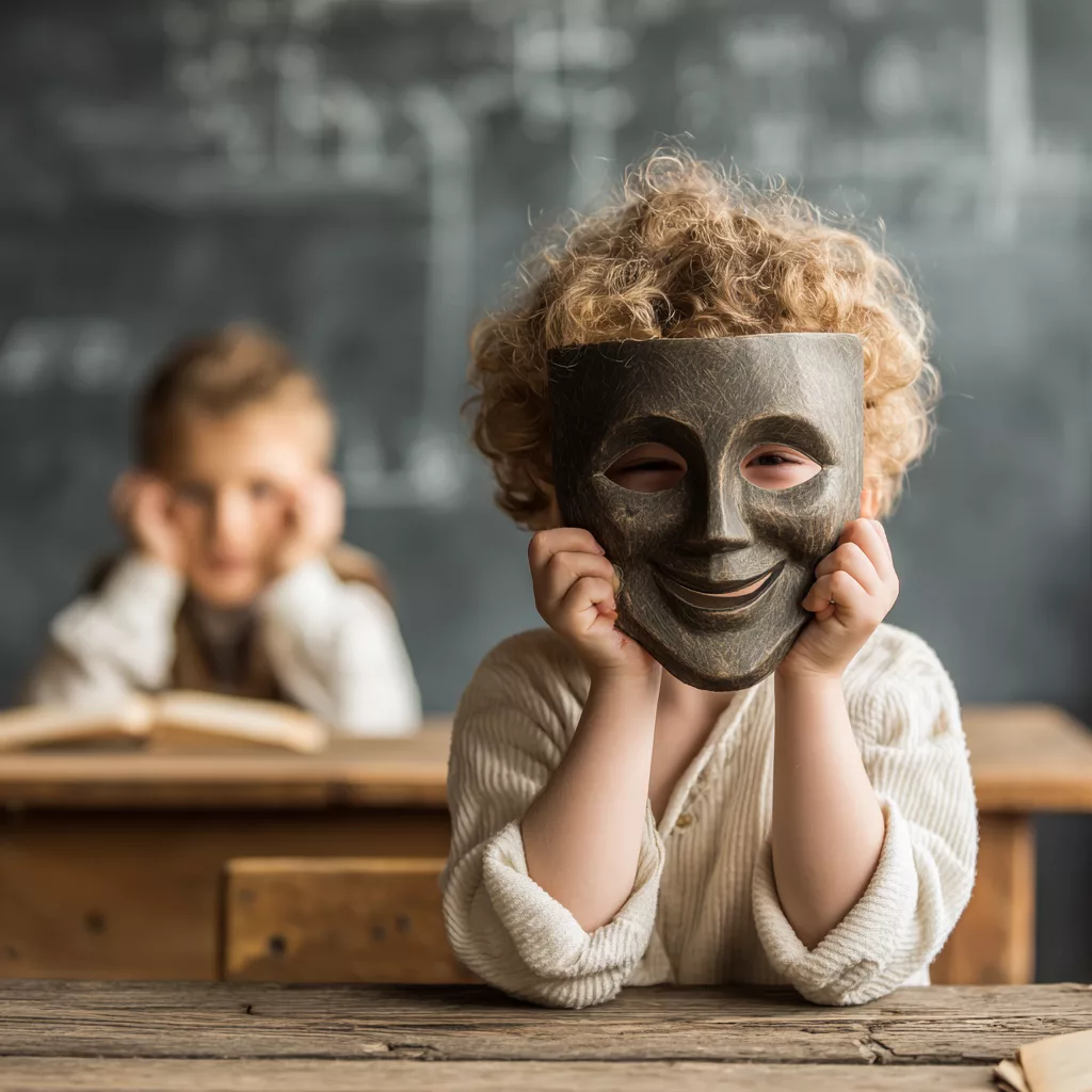 Enfant assis à son bureau à l’école portant un masque souriant, illustrant le camouflage autistique et le contraste entre l’apparence attendue en classe et le vécu intérieur.