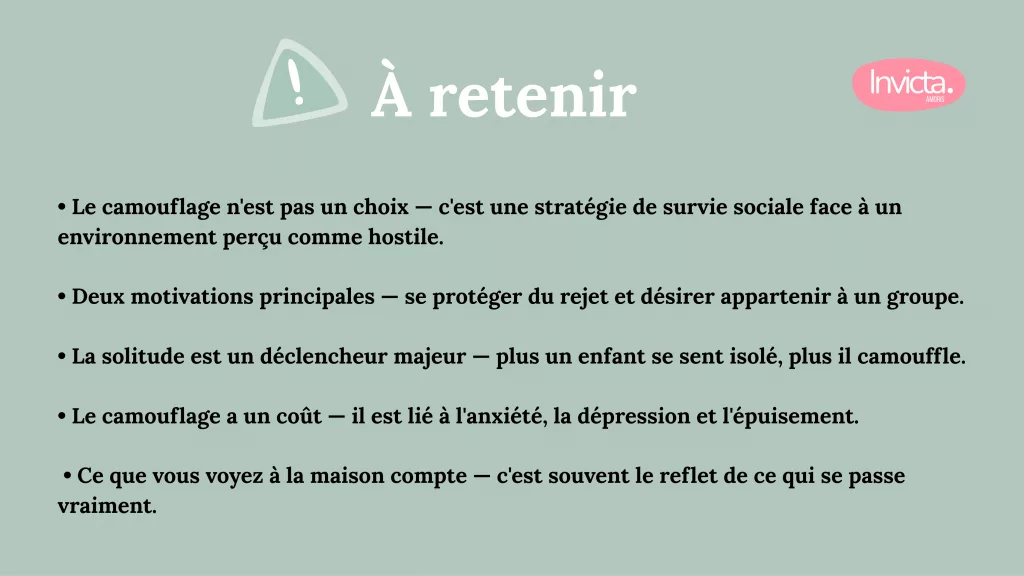 Diapositive « À retenir » résumant les points clés du camouflage : stratégie de survie sociale, solitude comme déclencheur et impact sur la santé mentale de l’enfant.