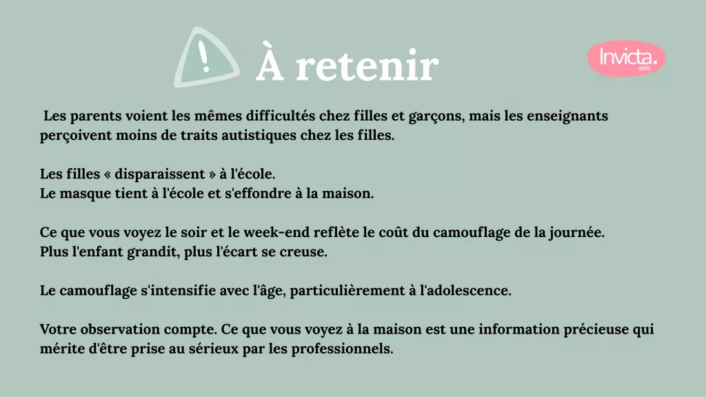 Infographie expliquant que les filles autistes deviennent souvent invisibles à l’école, car elles camouflent leurs difficultés en classe, tandis que l’épuisement et l’effondrement apparaissent surtout à la maison.