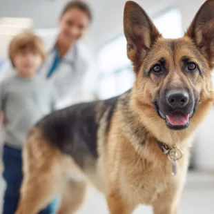dentiste - Berger allemand thérapeute au premier plan dans un cabinet dentaire, enfant et soignant en arrière-plan, thérapie assistée par l'animal pour enfants autistes