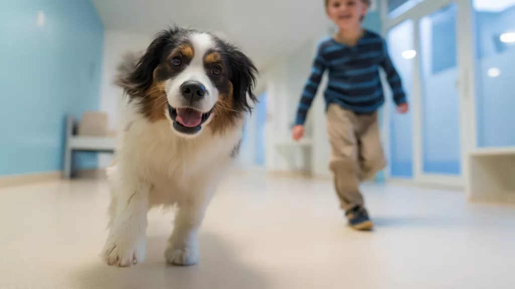 dentiste Chien-thérapeute berger australien dans un couloir d'hôpital, suivi par un enfant souriant, ambiance rassurante pour les soins pédiatriques