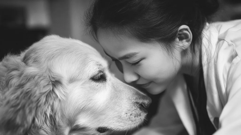 Dentiste et golden retriever thérapeute front contre front, médiation animale en cabinet dentaire