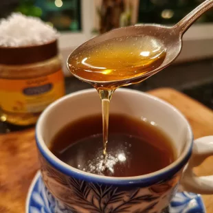 Cuillère de miel cru ou sirop d'agave coulant dans une tasse de café — remplacer le sucre par du miel dans son café