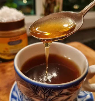 Cuillère de miel cru ou sirop d'agave coulant dans une tasse de café — remplacer le sucre par du miel dans son café