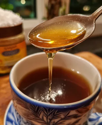 Cuillère de miel cru ou sirop d'agave coulant dans une tasse de café — remplacer le sucre par du miel dans son café