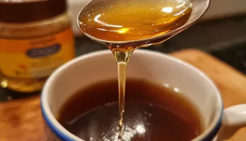 Cuillère de miel cru ou sirop d'agave coulant dans une tasse de café — remplacer le sucre par du miel dans son café