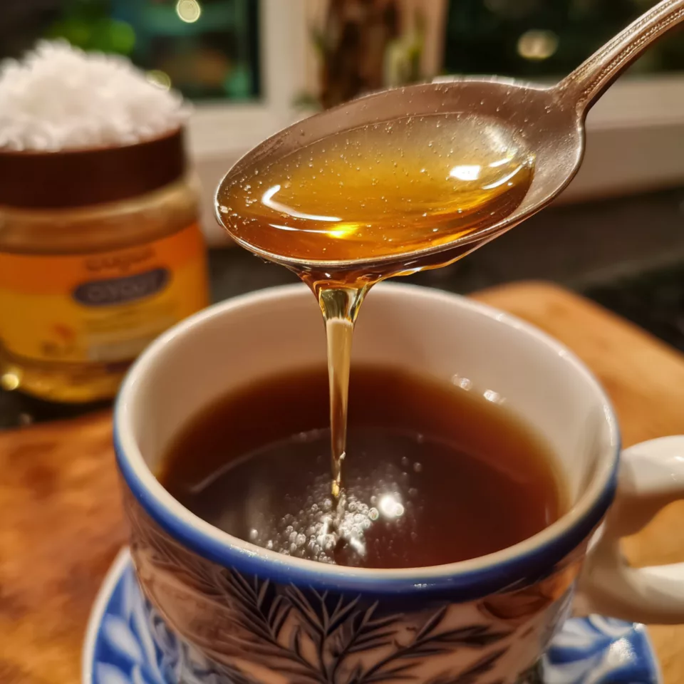 Cuillère de miel cru ou sirop d'agave coulant dans une tasse de café — remplacer le sucre par du miel dans son café