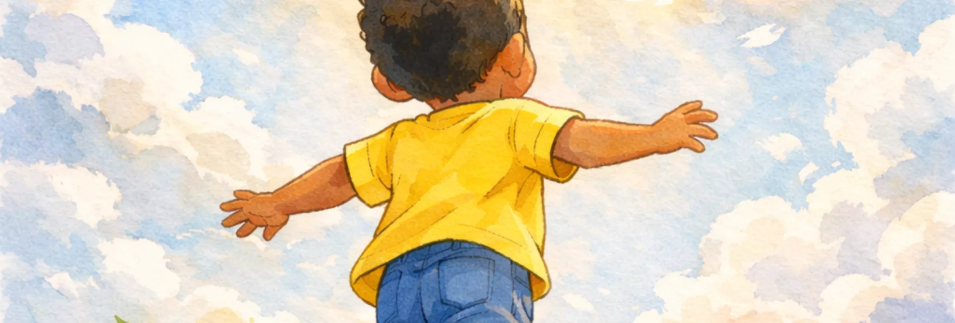 Illustration aquarelle d'un petit garçon de dos, bras ouverts, courant vers la lumière sur un chemin fleuri — en hommage à Madoua, enfant autiste de 4 ans disparu le 25 février 2026.