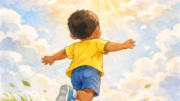 Illustration aquarelle d'un petit garçon de dos, bras ouverts, courant vers la lumière sur un chemin fleuri — en hommage à Madoua, enfant autiste de 4 ans disparu le 25 février 2026.