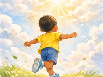 Illustration aquarelle d'un petit garçon de dos, bras ouverts, courant vers la lumière sur un chemin fleuri — en hommage à Madoua, enfant autiste de 4 ans disparu le 25 février 2026.