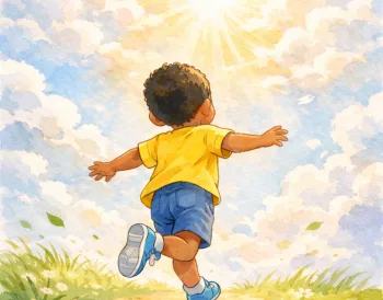 Illustration aquarelle d'un petit garçon de dos, bras ouverts, courant vers la lumière sur un chemin fleuri — en hommage à Madoua, enfant autiste de 4 ans disparu le 25 février 2026.