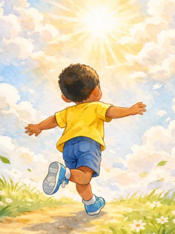 Illustration aquarelle d'un petit garçon de dos, bras ouverts, courant vers la lumière sur un chemin fleuri — en hommage à Madoua, enfant autiste de 4 ans disparu le 25 février 2026.