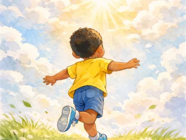 Illustration aquarelle d'un petit garçon de dos, bras ouverts, courant vers la lumière sur un chemin fleuri — en hommage à Madoua, enfant autiste de 4 ans disparu le 25 février 2026.