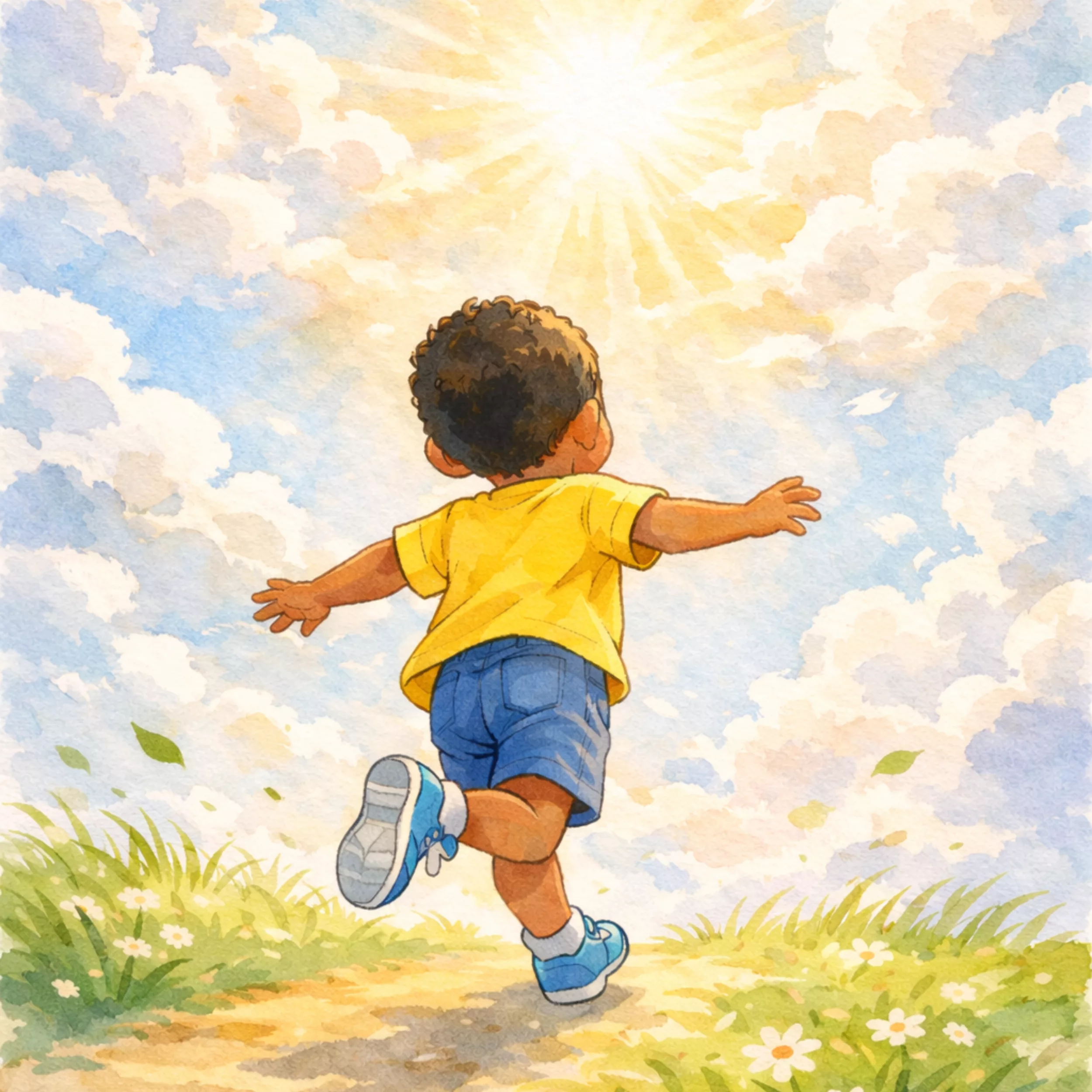 Illustration aquarelle d'un petit garçon de dos, bras ouverts, courant vers la lumière sur un chemin fleuri — en hommage à Madoua, enfant autiste de 4 ans disparu le 25 février 2026.