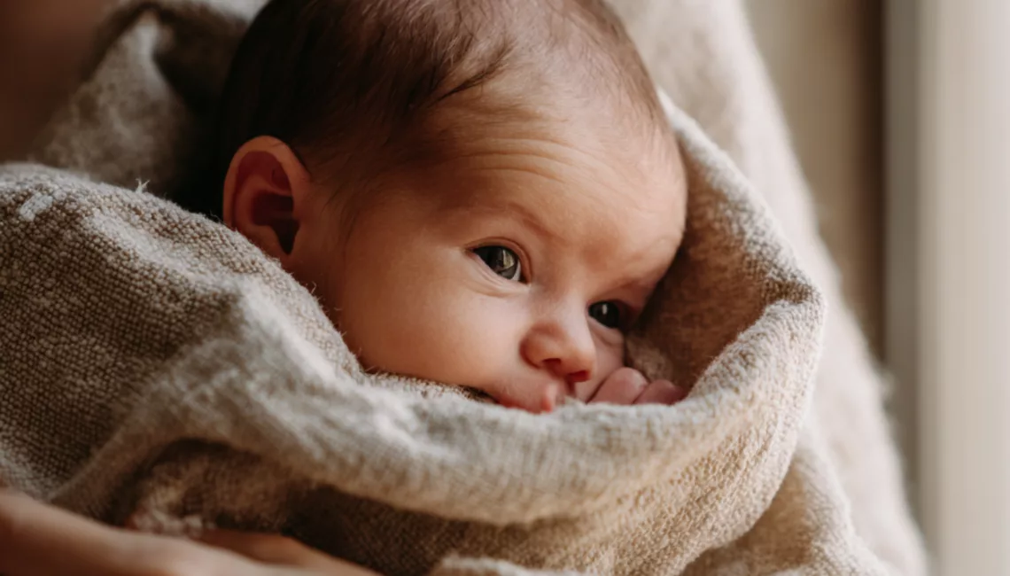Nouveau-né blotti dans les bras de sa mère, le regard attentif — dès les premiers jours, bébé distingue le visage maternel à 20-30 cm