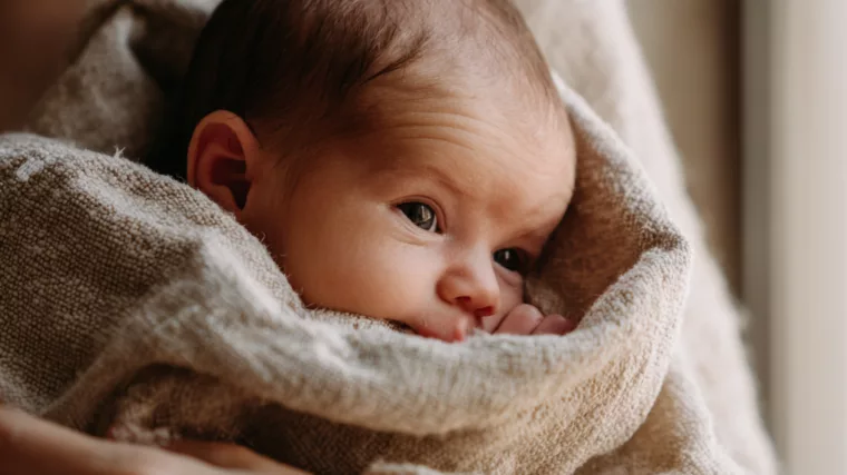 Nouveau-né blotti dans les bras de sa mère, le regard attentif — dès les premiers jours, bébé distingue le visage maternel à 20-30 cm