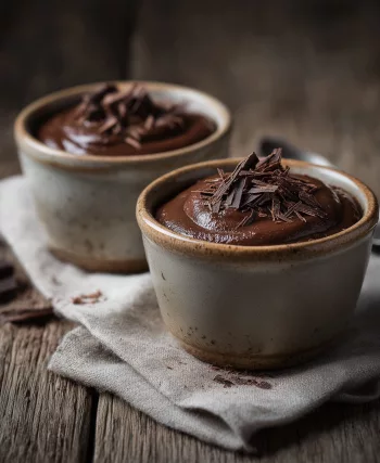 Crème au chocolat facile de Michalak servie dans deux ramequins en céramique artisanale sur une table en bois rustique