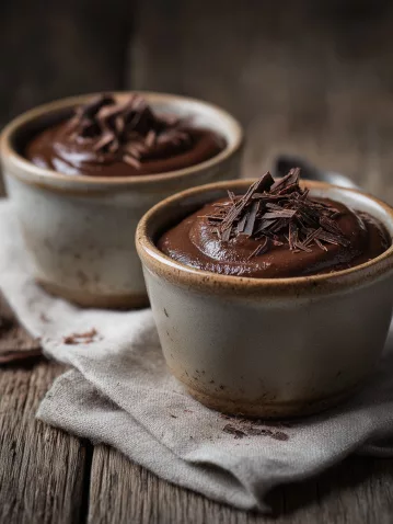 Crème au chocolat facile de Michalak servie dans deux ramequins en céramique artisanale sur une table en bois rustique