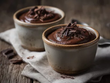 Crème au chocolat facile de Michalak servie dans deux ramequins en céramique artisanale sur une table en bois rustique