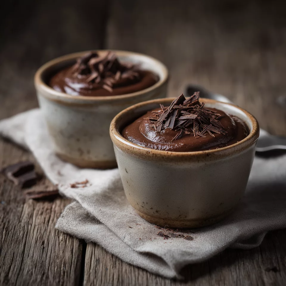 Crème au chocolat facile de Michalak servie dans deux ramequins en céramique artisanale sur une table en bois rustique