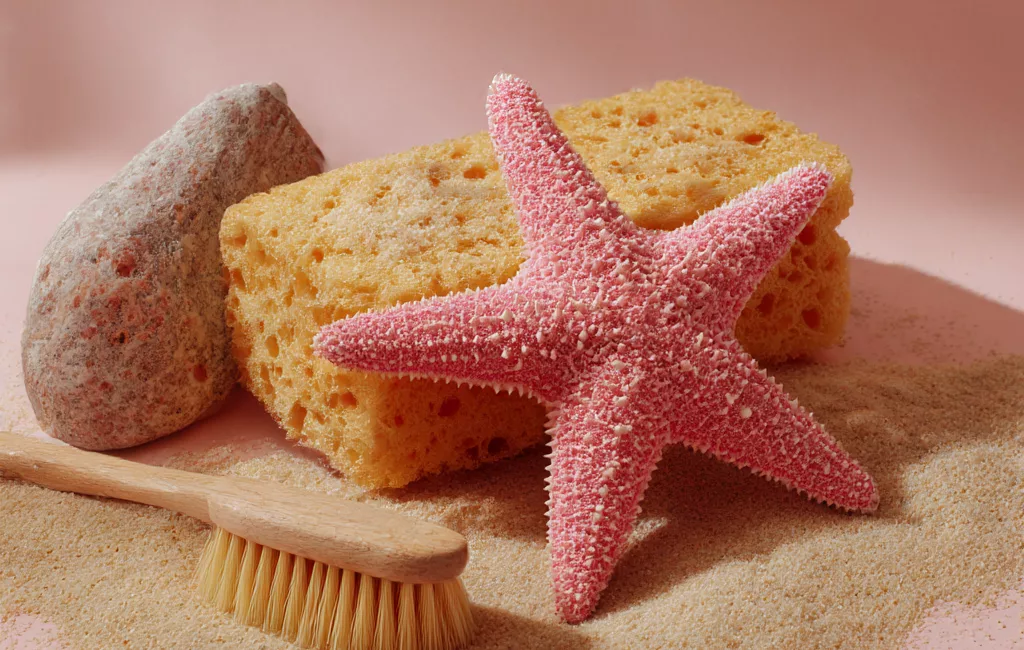 Éponge de cuisine jaune, étoile de mer rose et brosse en bois posées sur du sable — entre l'océan et la cuisine, les éponges ont choisi leur camp
