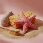 Éponge de cuisine jaune, étoile de mer rose et brosse en bois posées sur du sable — entre l'océan et la cuisine, les éponges ont choisi leur camp
