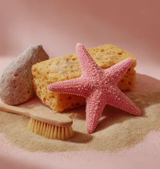 Éponge de cuisine jaune, étoile de mer rose et brosse en bois posées sur du sable — entre l'océan et la cuisine, les éponges ont choisi leur camp