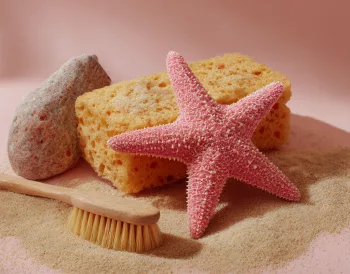 Éponge de cuisine jaune, étoile de mer rose et brosse en bois posées sur du sable — entre l'océan et la cuisine, les éponges ont choisi leur camp