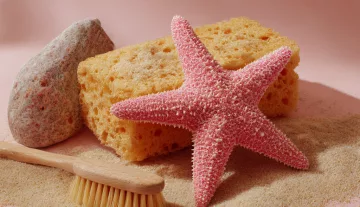 Éponge de cuisine jaune, étoile de mer rose et brosse en bois posées sur du sable — entre l'océan et la cuisine, les éponges ont choisi leur camp