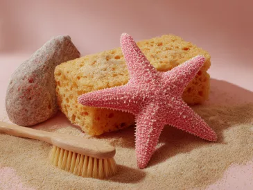 Éponge de cuisine jaune, étoile de mer rose et brosse en bois posées sur du sable — entre l'océan et la cuisine, les éponges ont choisi leur camp