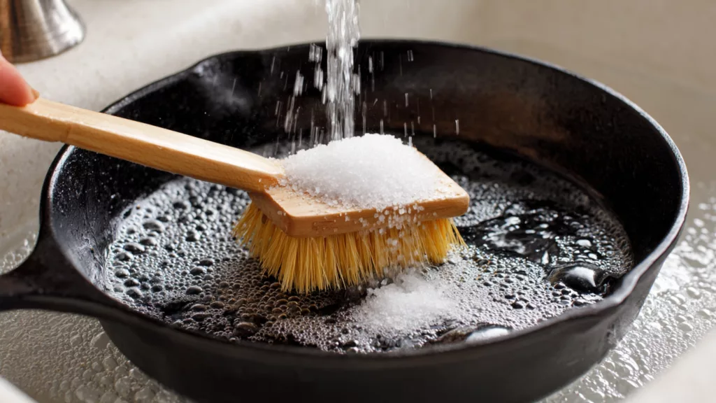 Brosse à vaisselle en bois nettoyant une poêle en fonte avec de l'eau savonneuse — l'alternative hygiénique à l'éponge de cuisine